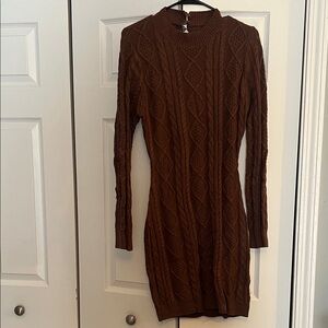 Brown Cable Knit Sweater Dress